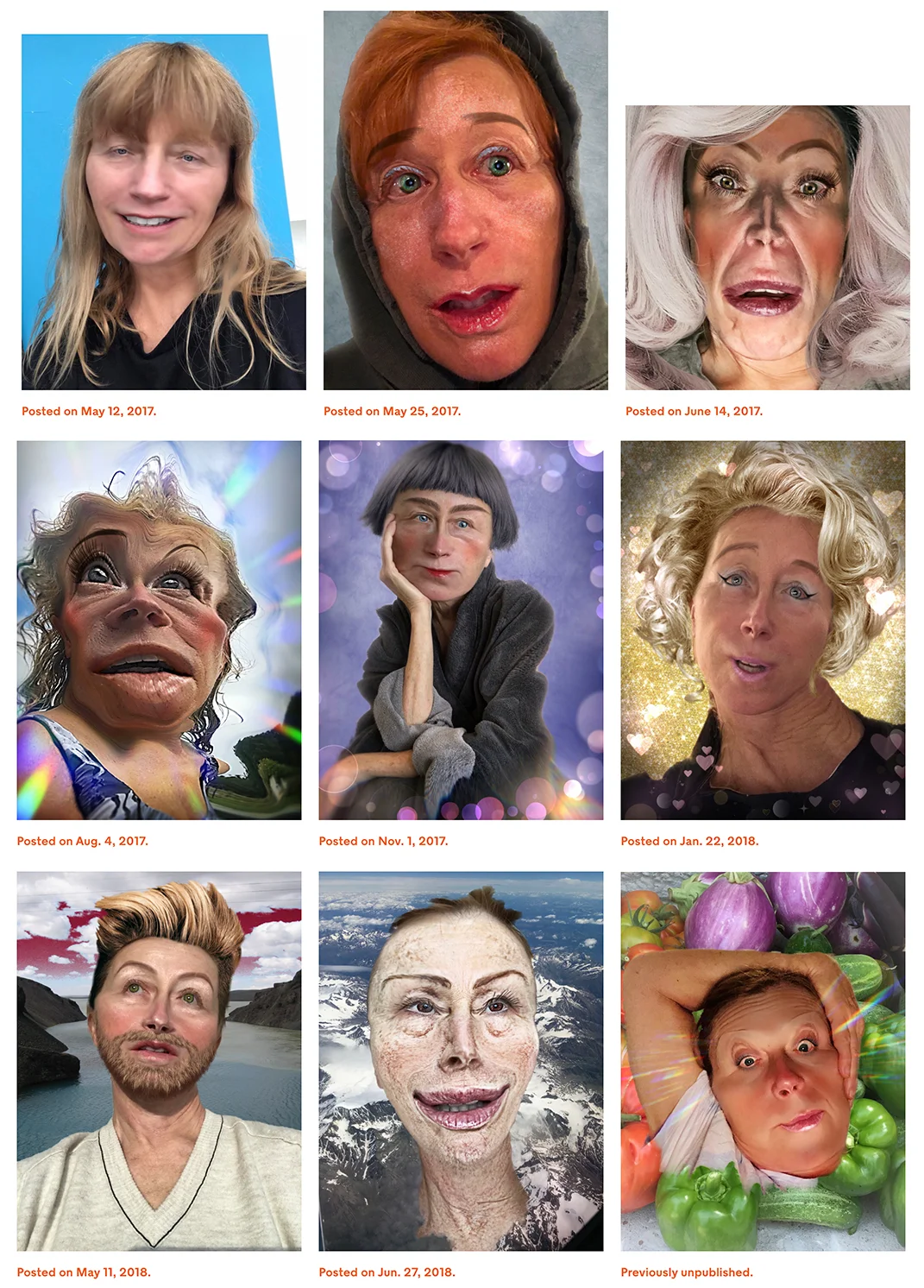 In May 2017 Cindy Sherman began posting a series of cartoonish, caricatured photographs