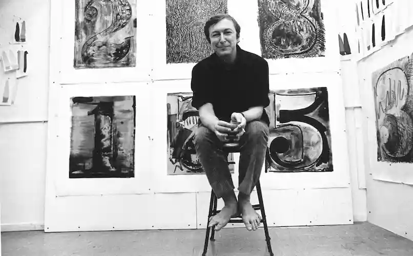 Jasper Johns with proofs for the Numeral series at Gemini G.E.L., in 1968