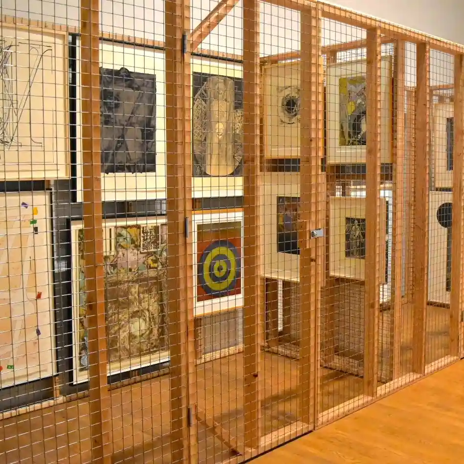 Prints from the Philadelphia Museum of Art on display in in-gallery storage as part of “Rolywholyover,” waiting to be selected and reconfigured