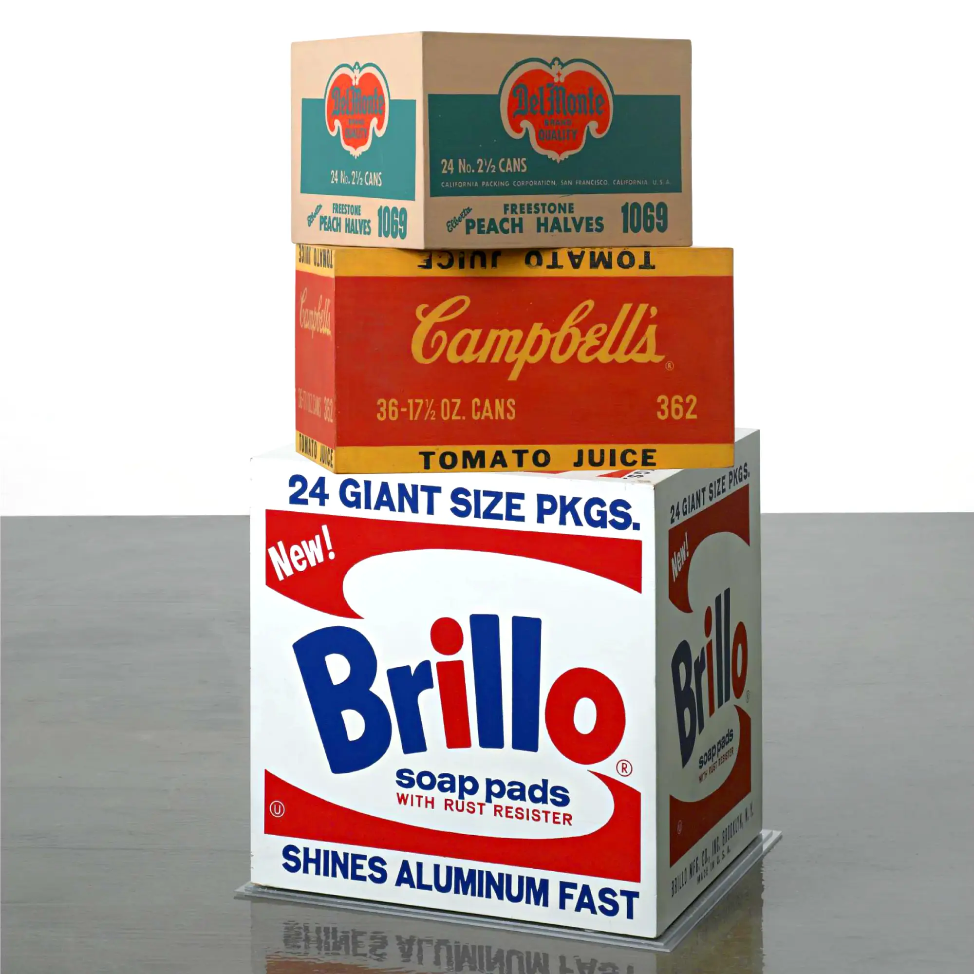 Andy Warhol Campbell’s Tomato Juice Box, Del Monte Peach Halves, Brillo Box